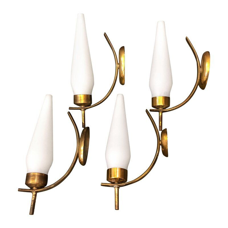 Vintage set of 4 wall lights in brass and Italian glass, 1950