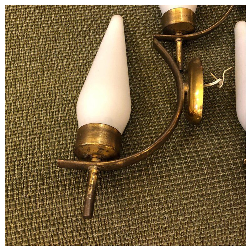 Vintage set of 4 wall lights in brass and Italian glass, 1950