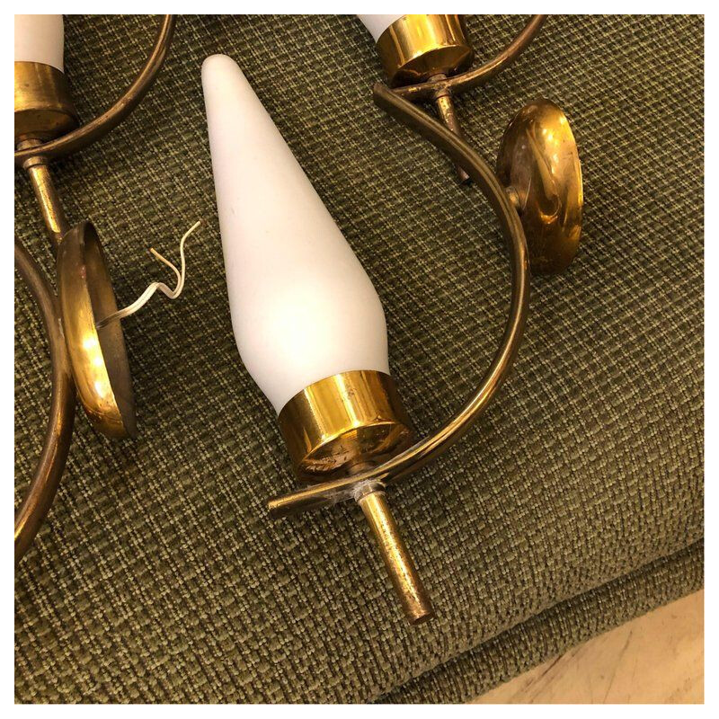 Vintage set of 4 wall lights in brass and Italian glass, 1950