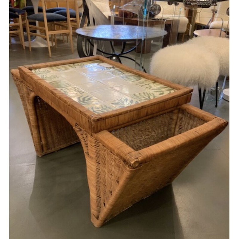 Vintage coffee table in rattan and ceramic, 1960