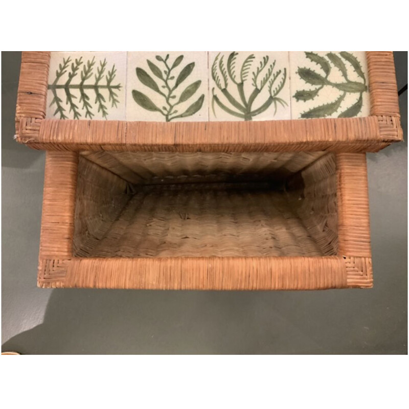 Vintage coffee table in rattan and ceramic, 1960