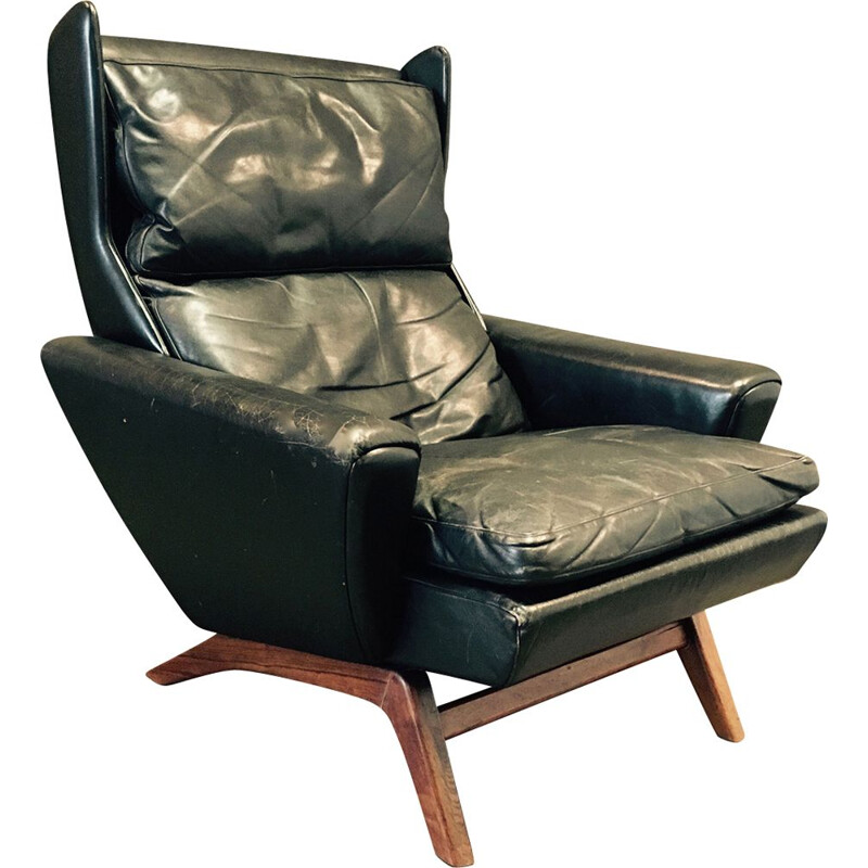 Vintage armchair in rosewood and black leather Scandinavian 1950