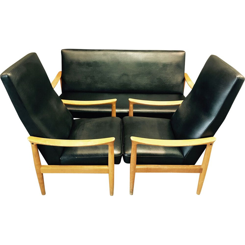 Ensemble de salon vintage canapé et 2 fauteuils Fritz Hansen Scandinave 1950