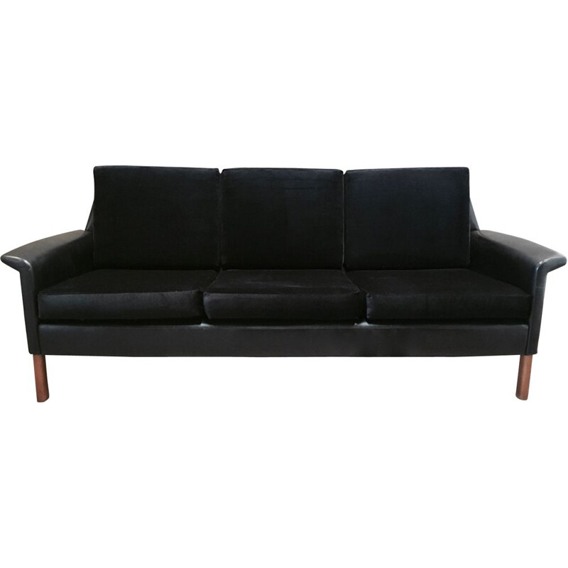 Vintage 3 seater sofa in leather and black velvet 1950