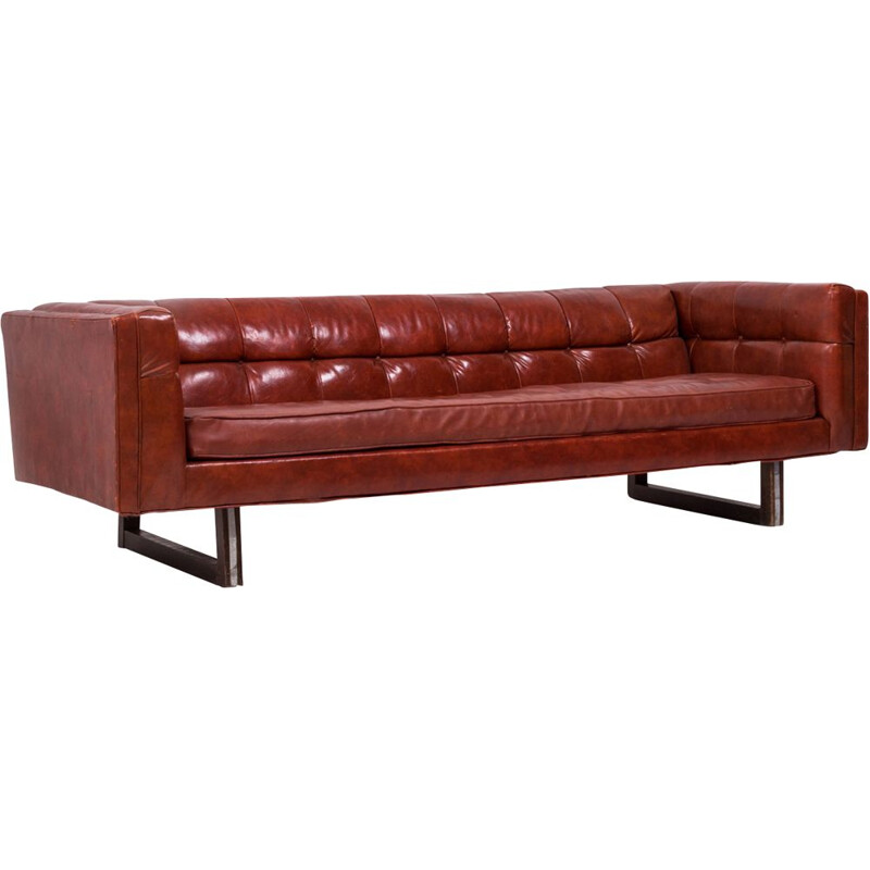 Vintage Tuxedo red leather sofa by Milo Baughman 1950s