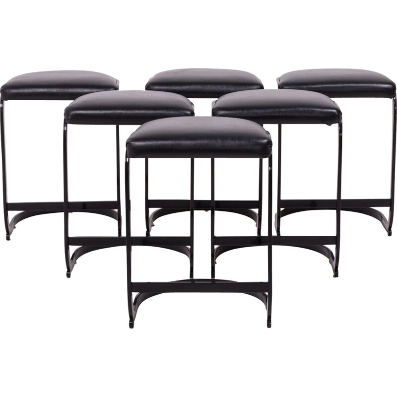 Set of 6 vintage black metal and leather stools