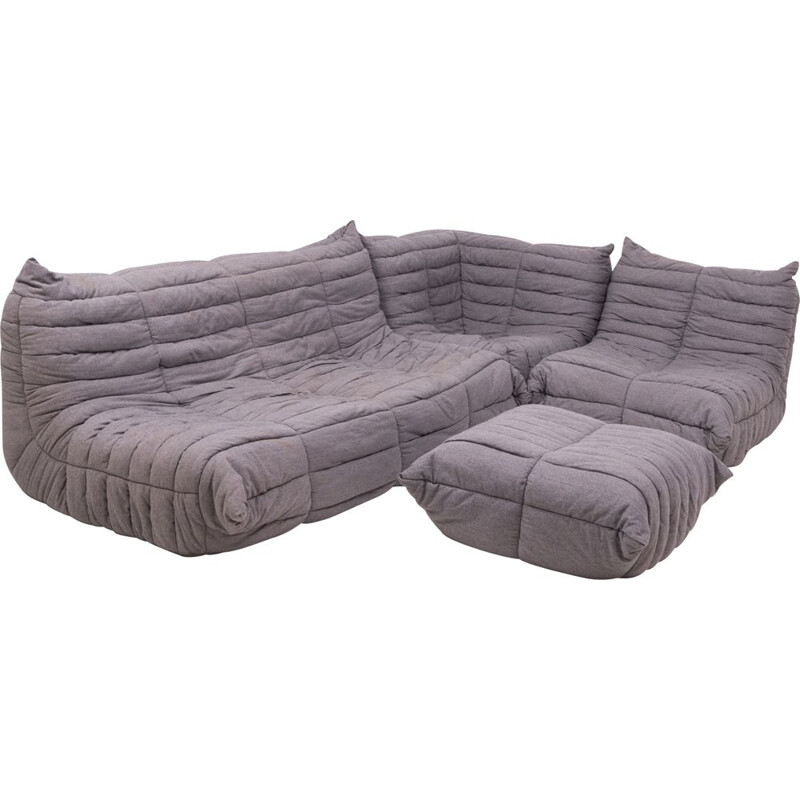 Set of 4 pieces vintage grey fabric modular sofa and footstool by Michel Ducaroy for Ligne Roset