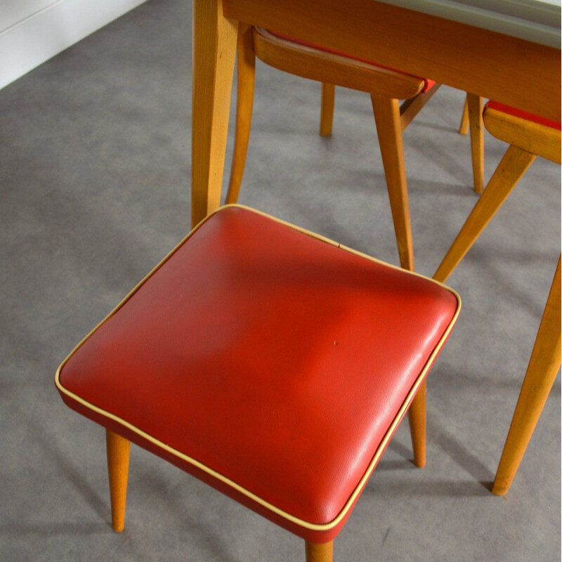 Set of 3 vintage chairs and 1 stool in wood and red vinyl 1960