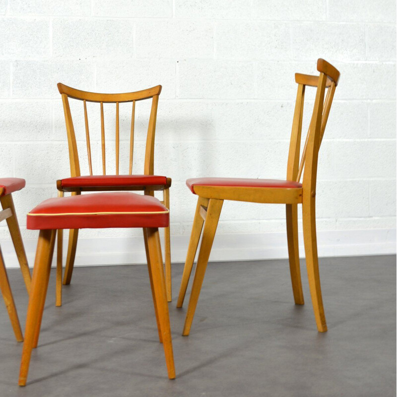 Ensemble de 3 chaises et tabouret vintage en bois et vinyle rouge 1960