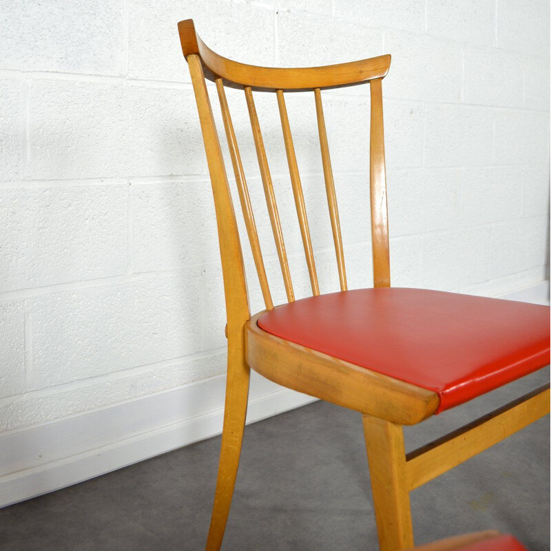 Ensemble de 3 chaises et tabouret vintage en bois et vinyle rouge 1960