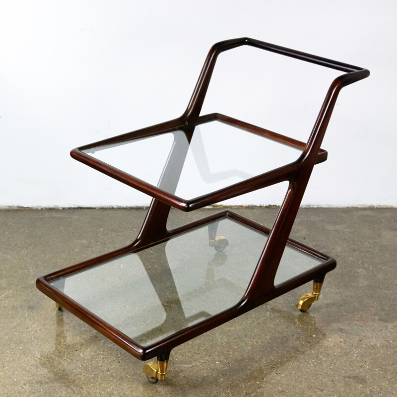 Vintage italian trolley by Cesare Lacca in mahogany glass and brass 1950