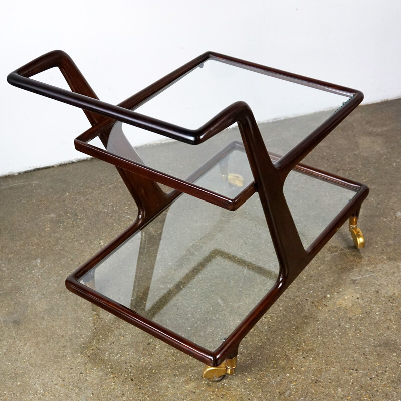 Vintage italian trolley by Cesare Lacca in mahogany glass and brass 1950