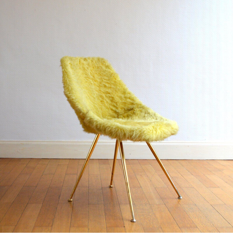 Vintage chair in yellow fabric and metal 1950