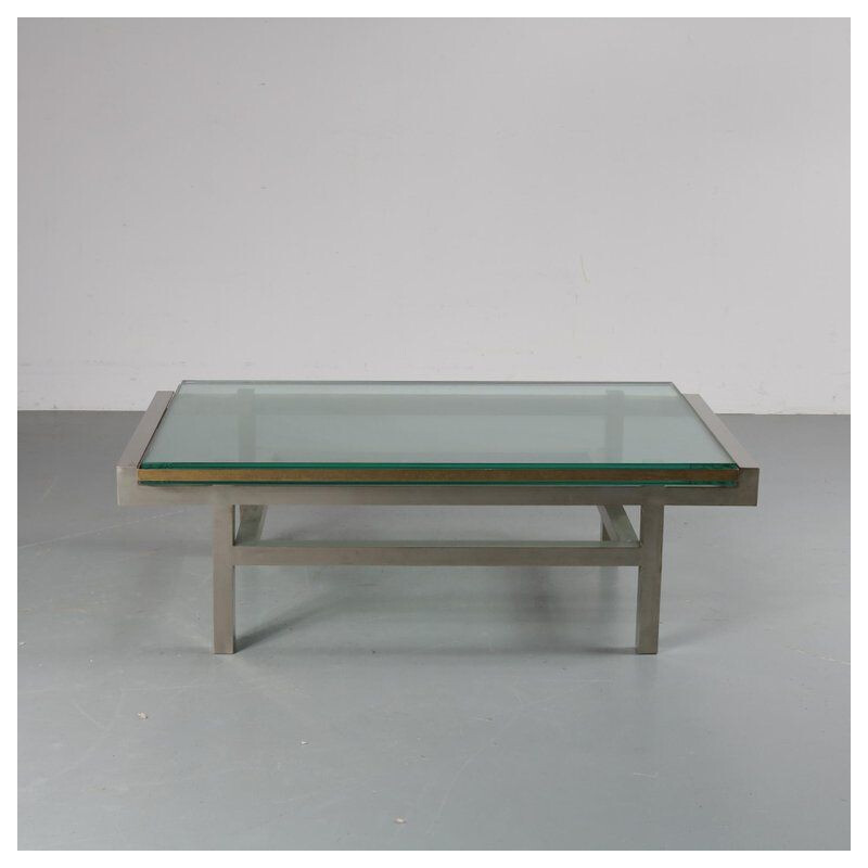 French vintage coffee table in steel and brass 1960