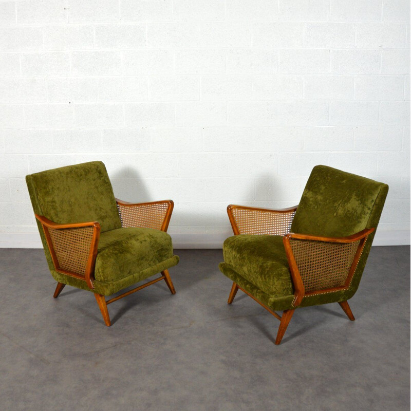 Paire de fauteuils vintage allemands en tissu vert et bois 1950