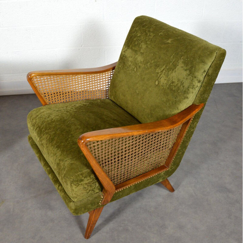 Pair of vintage german armchairs in green fabric and wood 1950