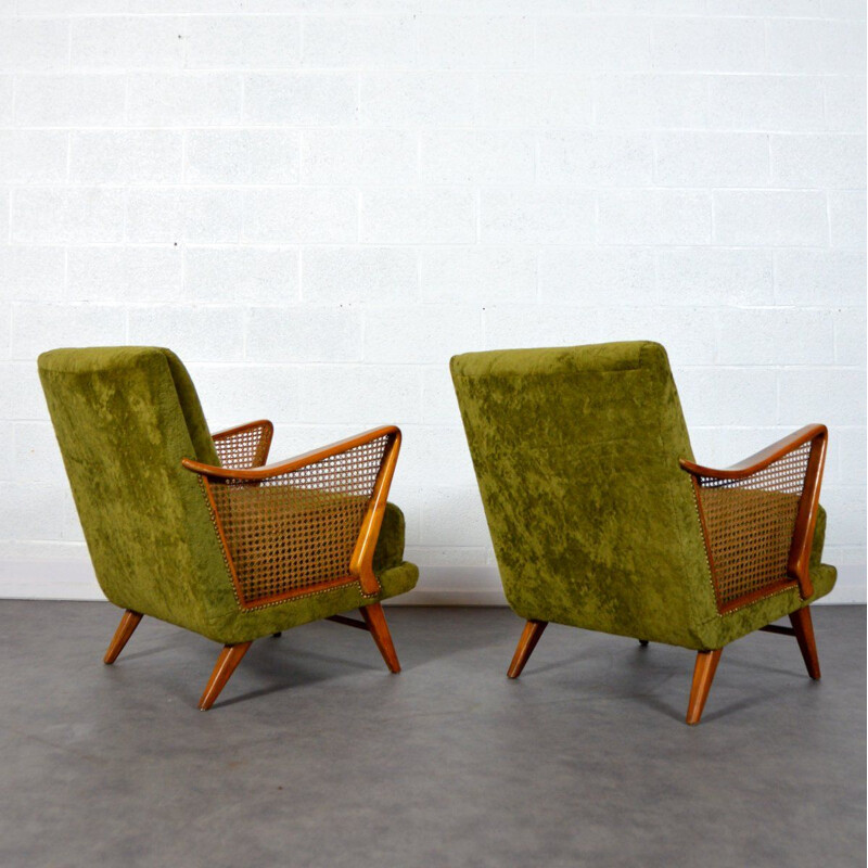 Pair of vintage german armchairs in green fabric and wood 1950