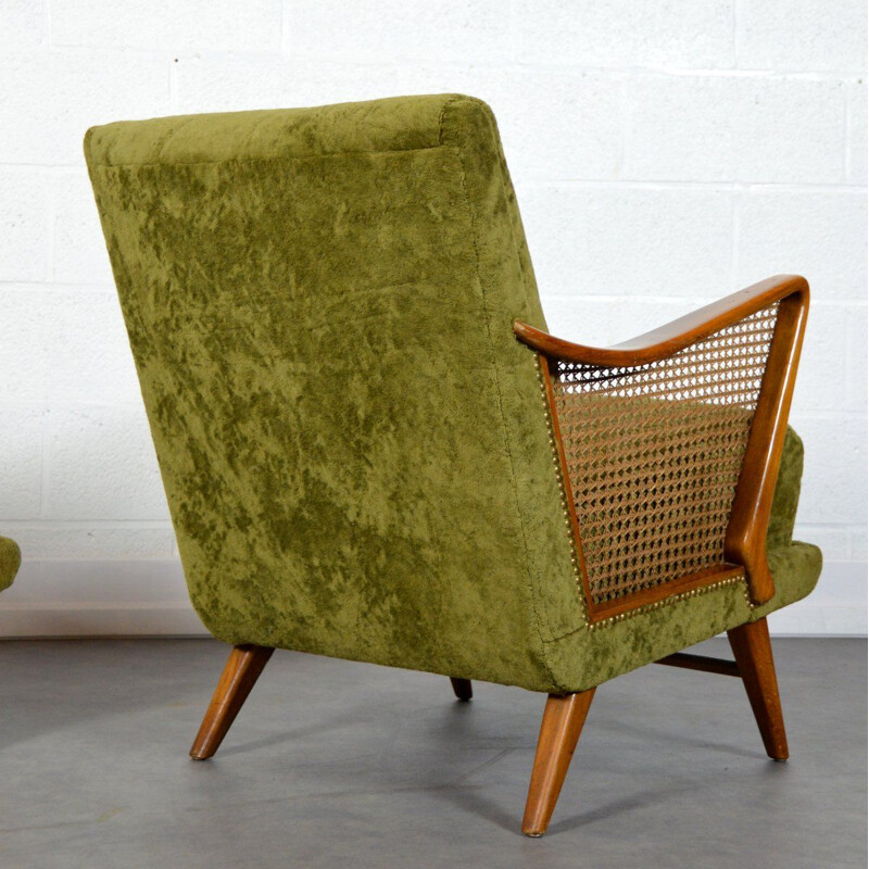 Pair of vintage german armchairs in green fabric and wood 1950