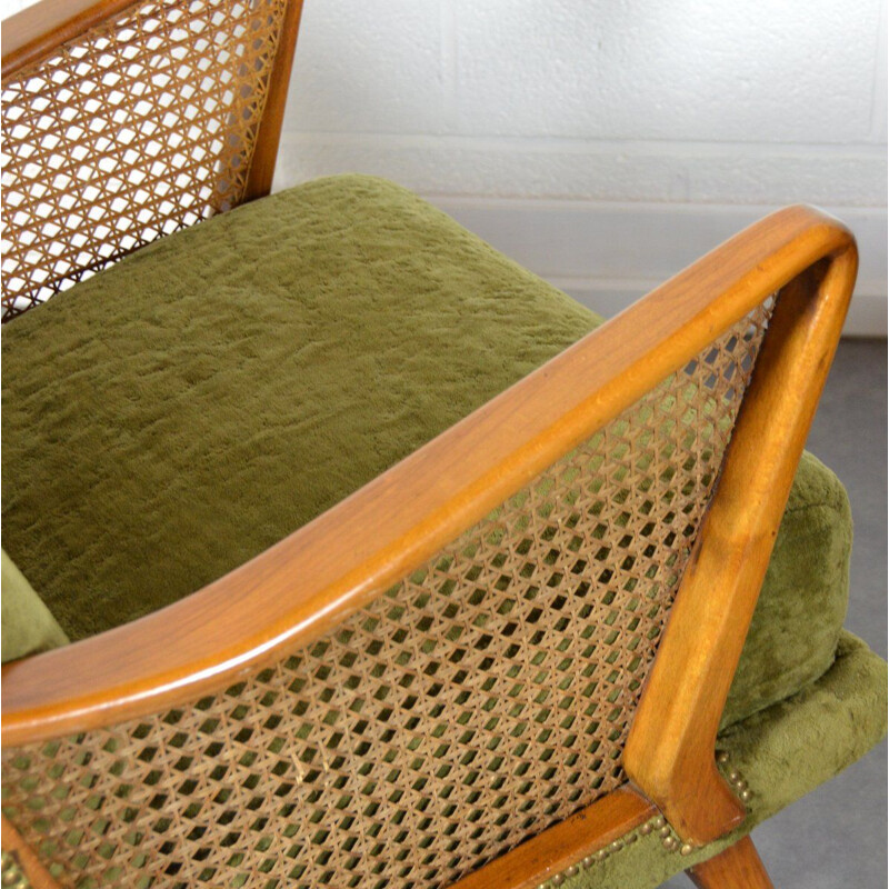 Pair of vintage german armchairs in green fabric and wood 1950