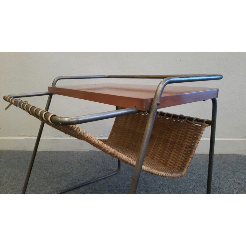 French vintage magazine rack for EFHA in wood and metal 1950