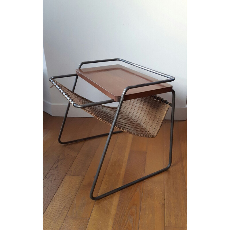 French vintage magazine rack for EFHA in wood and metal 1950