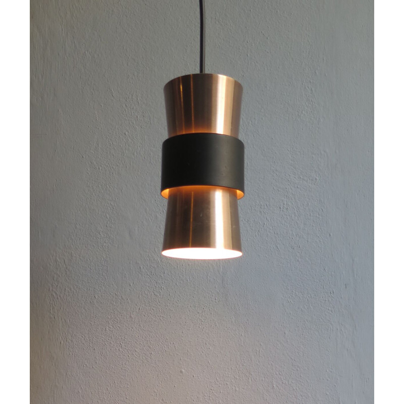 Vintage scandinavian coppered aluminium hanging lamp with black ring lamp 1950