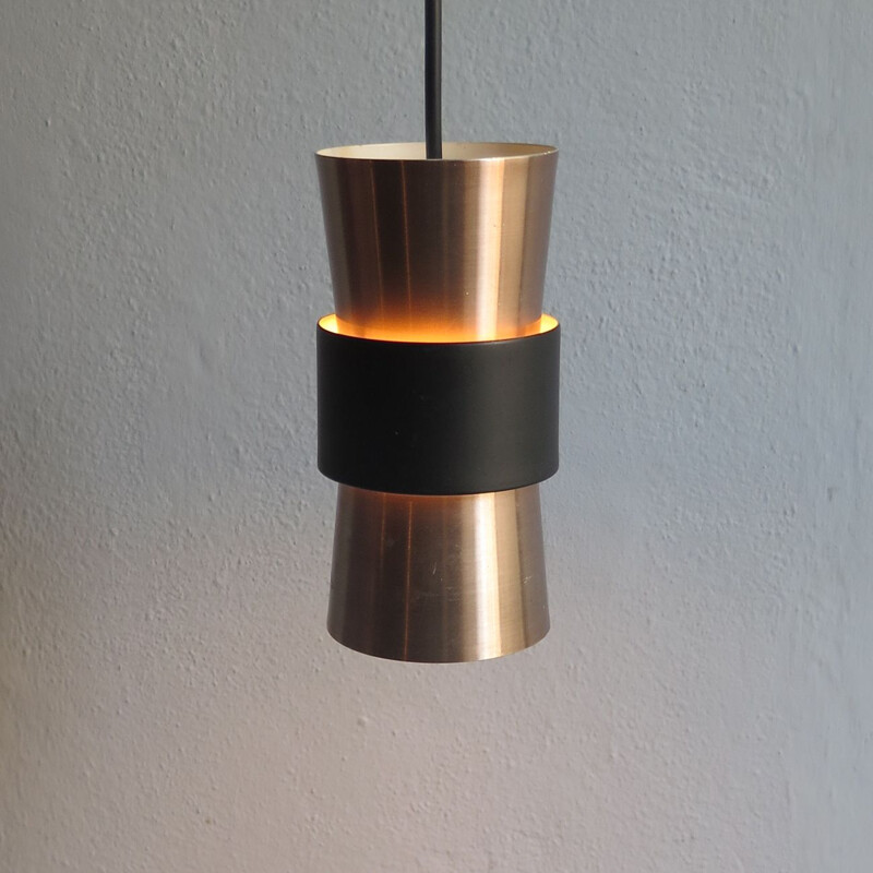 Vintage scandinavian coppered aluminium hanging lamp with black ring lamp 1950