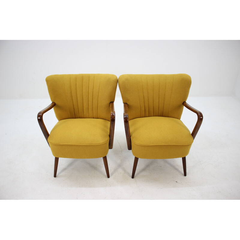 Set of 2 vintage czech armachairs in yellow fabric and wood 1950