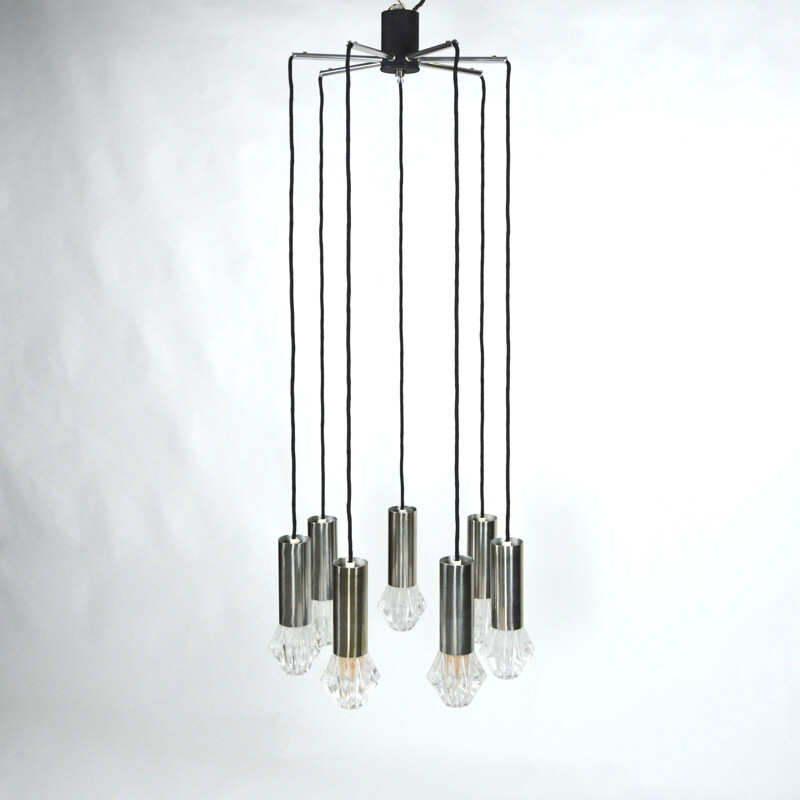 Vintage chandelier in chromed metal and glass, 1970