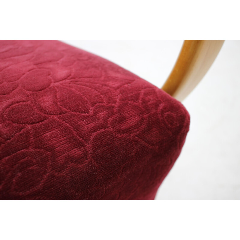 Vintage armchair by Halabala in red fabric and beechwood 1950