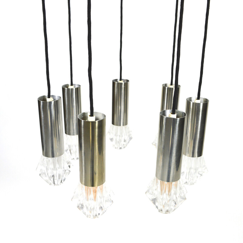 Vintage chandelier in chromed metal and glass, 1970