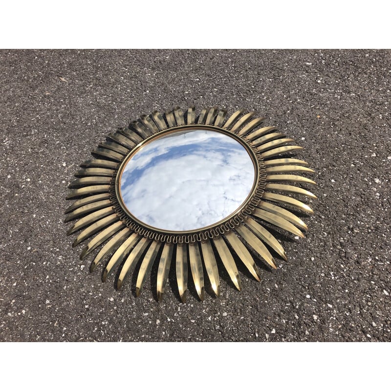 Miroir vintage soleil en laiton et verre 1950