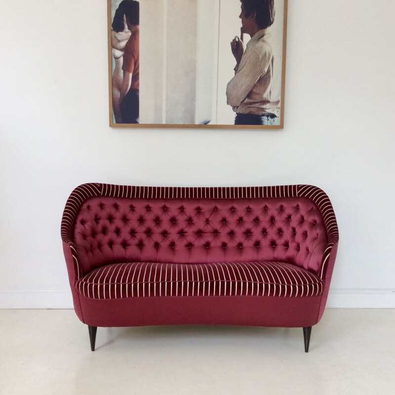 Vintage two-seater sofa in silk and striped velvet 1940s Italy