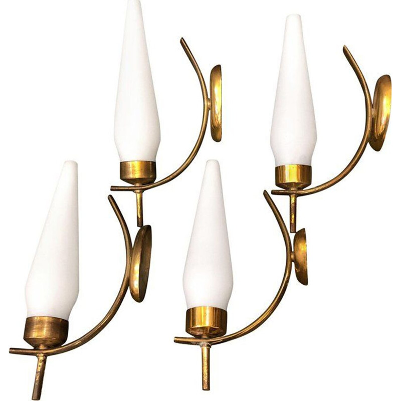 Vintage set of 4 wall lights in brass and Italian glass, 1950