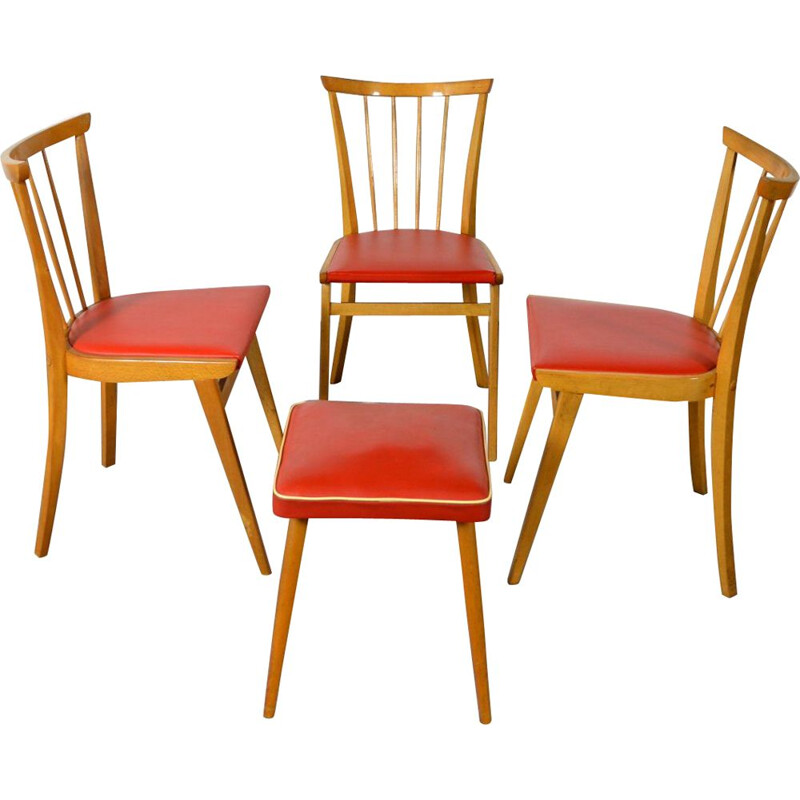 Set of 3 vintage chairs and 1 stool in wood and red vinyl 1960