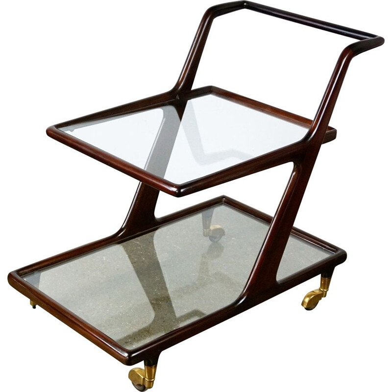 Vintage italian trolley by Cesare Lacca in mahogany glass and brass 1950