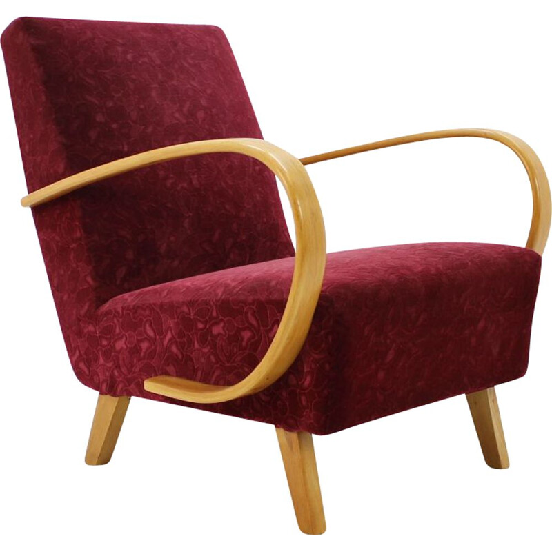 Vintage armchair by Halabala in red fabric and beechwood 1950