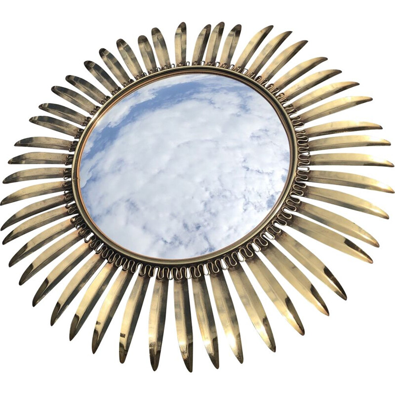Vintage sun mirror in brass and glass 1950