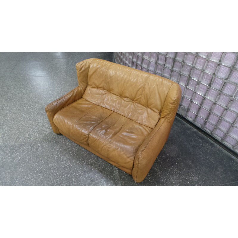 Vintage brown leather 2 seater sofa & armchair 1980