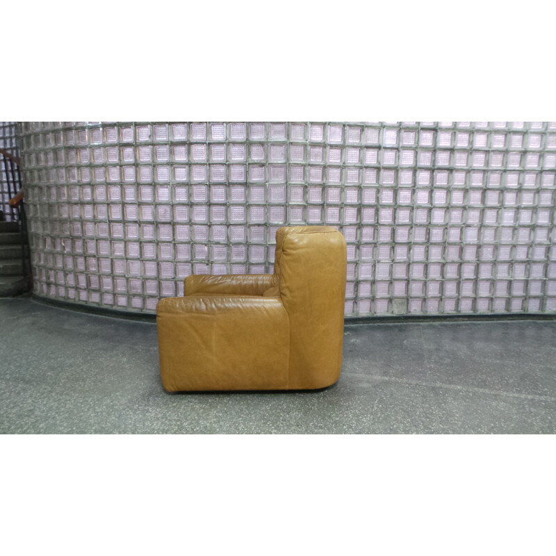Canapé 2 places vintage en cuir marron et son fauteuil 1980