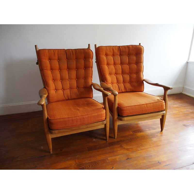 Pair of vintage orange armchairs 'Edouard' by Guillerme and Chambron