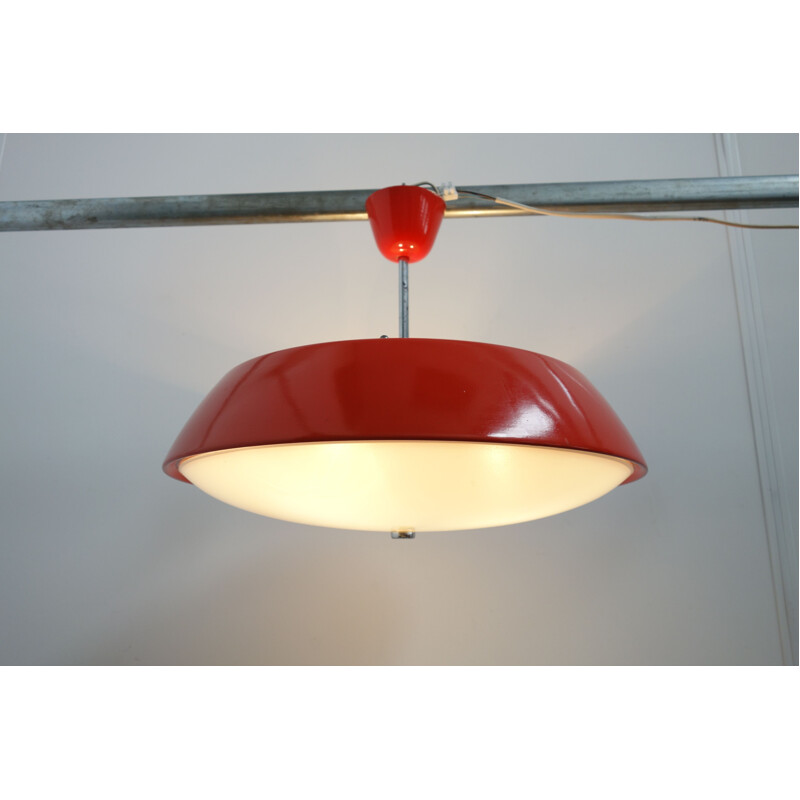 Vintage red metal and glass pendant lamp by Napako 1960s