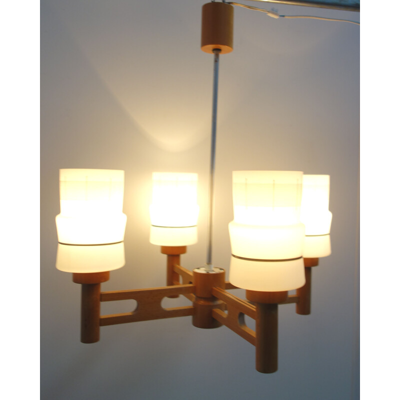 Vintage chandelier Drevo wood and glass 1960s