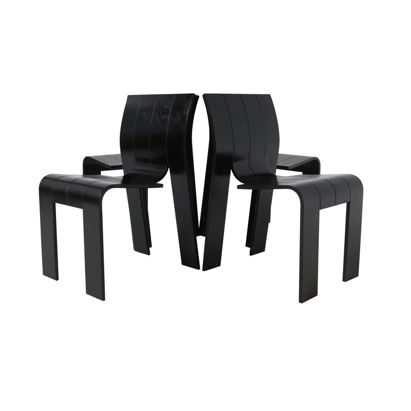 Set of 4 Castelijn chairs in plywood and leather, Gijs BAKKER - 1970s