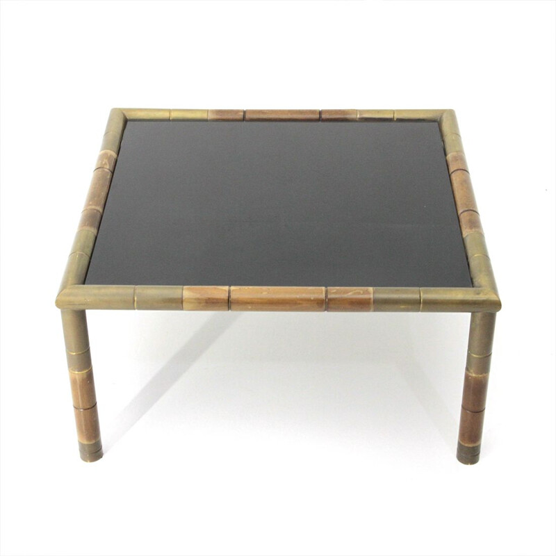 Vintage wood and brass coffee table, Italy 1970