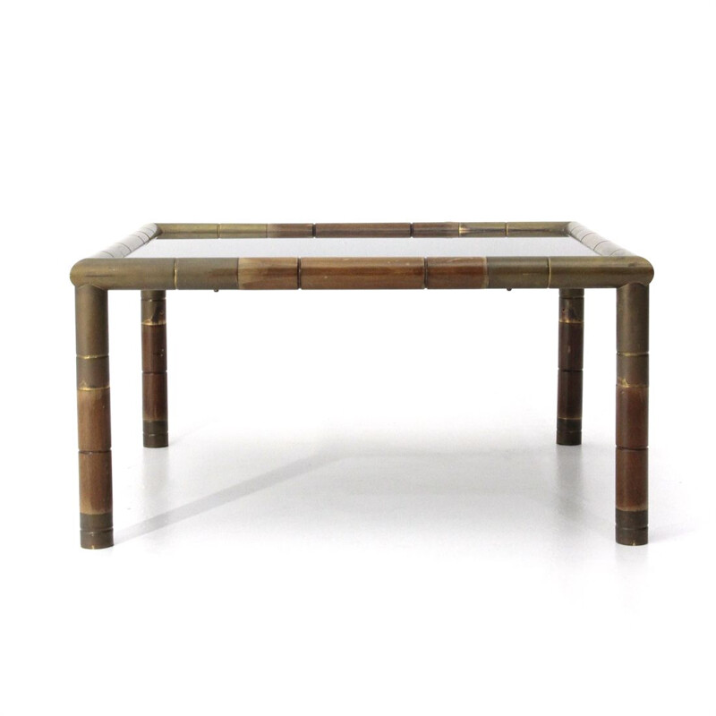 Vintage wood and brass coffee table, Italy 1970