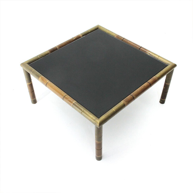 Vintage wood and brass coffee table, Italy 1970