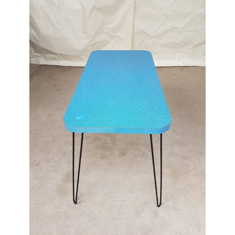 Vintage table in blue formica with hairpin legs 1950