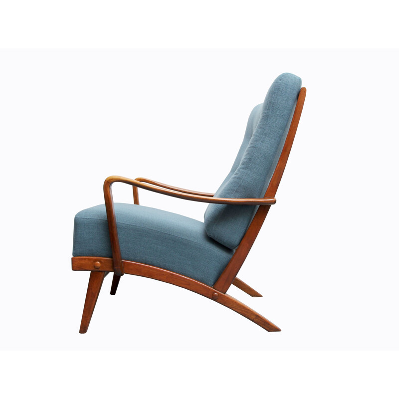 Vintage german armchair in blue fabric and walnut 1950