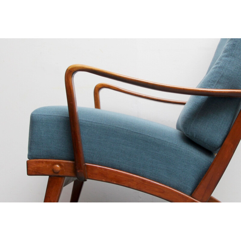 Vintage german armchair in blue fabric and walnut 1950